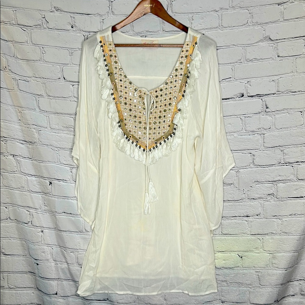 Miss June Paris Cream Beaded & Embroidered Long Sleeve Dress Size Large